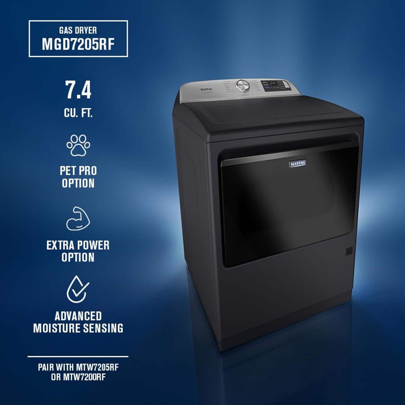 Maytag Pet Pro Top Load Gas Dryer 7.4 Cu. Ft Smart Midnight Steel MGD7205RF - Image 2