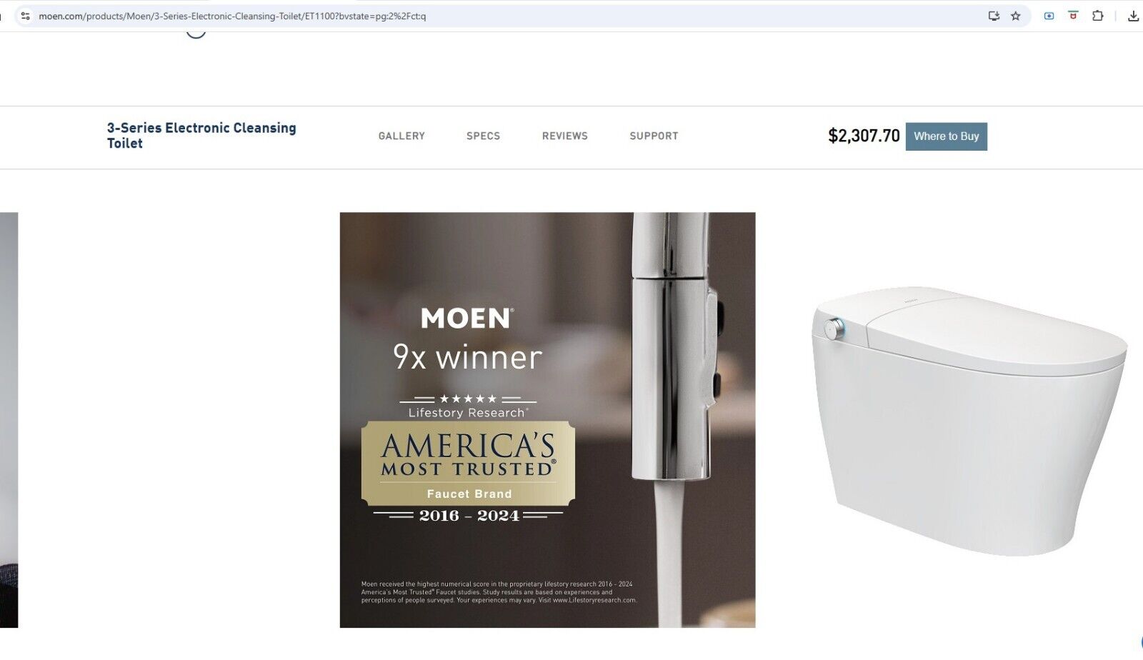 Brand New Moen ET1100 3-Series Standard Electronic Cleansing Bidet Heated Toilet