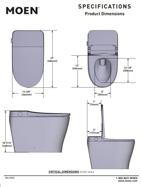Brand New Moen ET1100 3-Series Standard Electronic Cleansing Bidet Heated Toilet