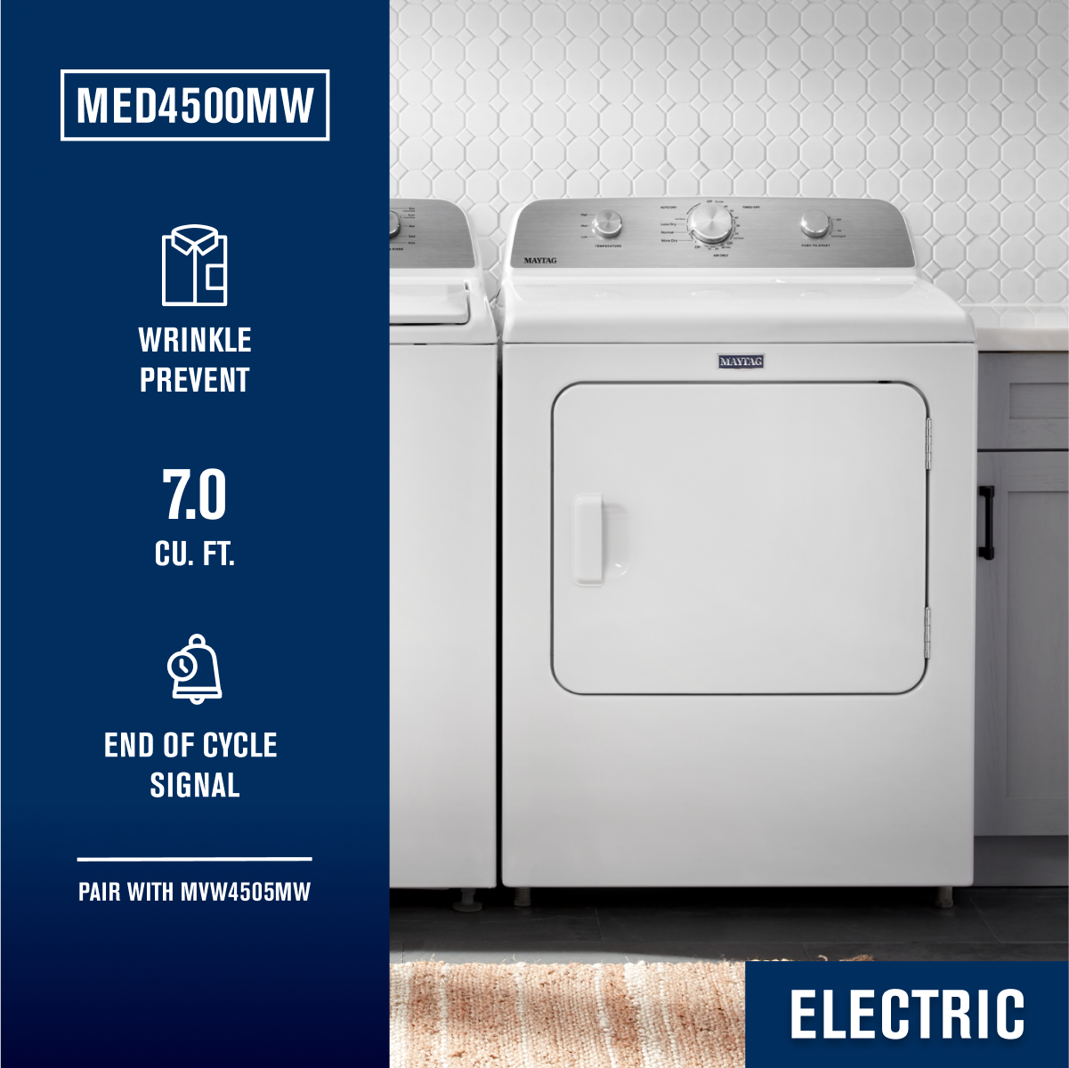 Maytag Electric Dryer Wrinkle Prevent 7.0 Cu. Ft White MED4500MW - Image 2