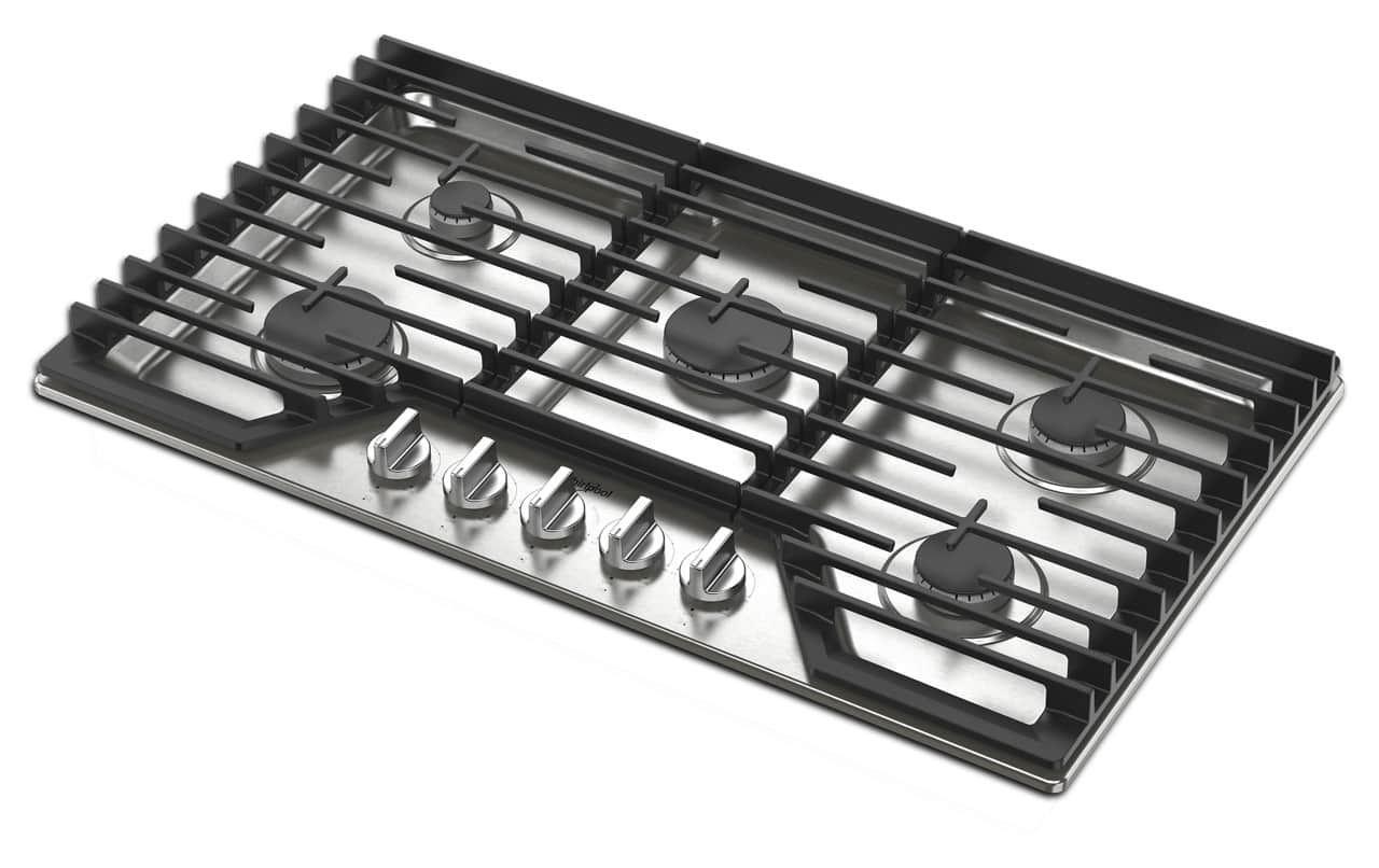 Whirlpool 36" Built-In Gas Cooktop 5 Burners EZ-2-Lift Hinged Grates WCGK5036PS - Image 3
