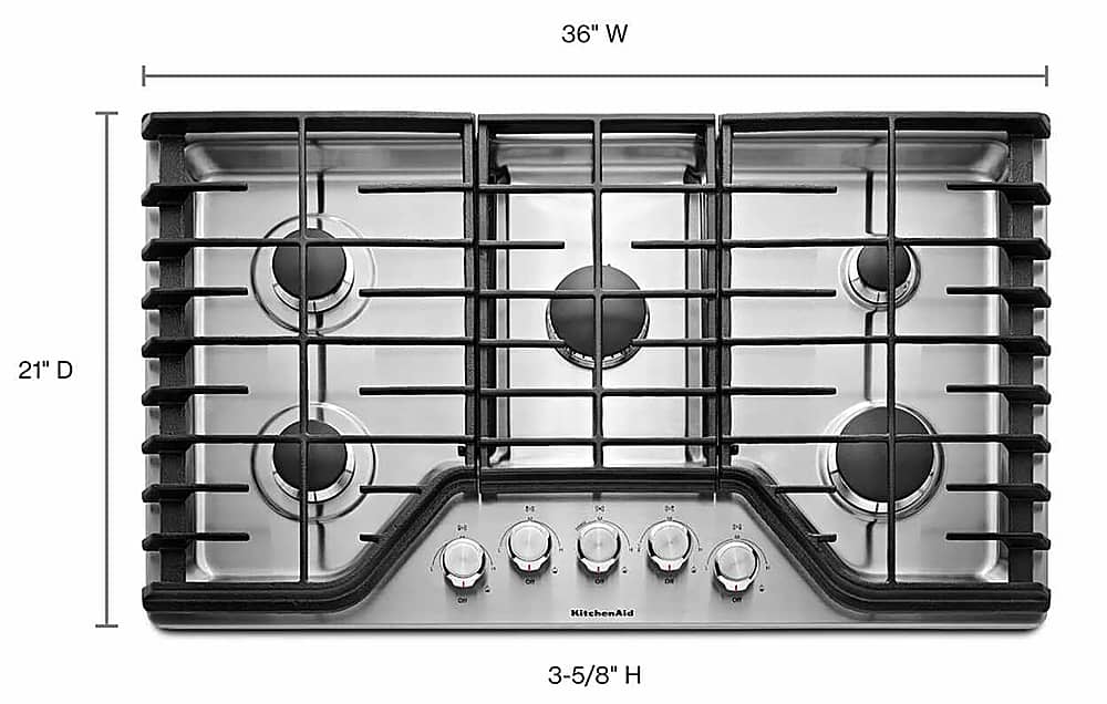 KitchenAid 36" Built-In Gas Cooktop 5-Burner Stainless Steel KCGS356ESS - Image 2