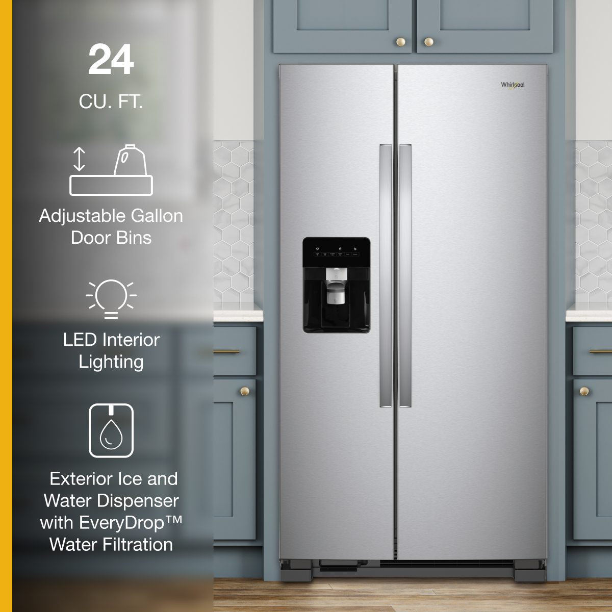 Whirlpool 36" Side-by-Side Refrigerator 24 cu. ft Stainless Steel WRS315SDHM - Image 2