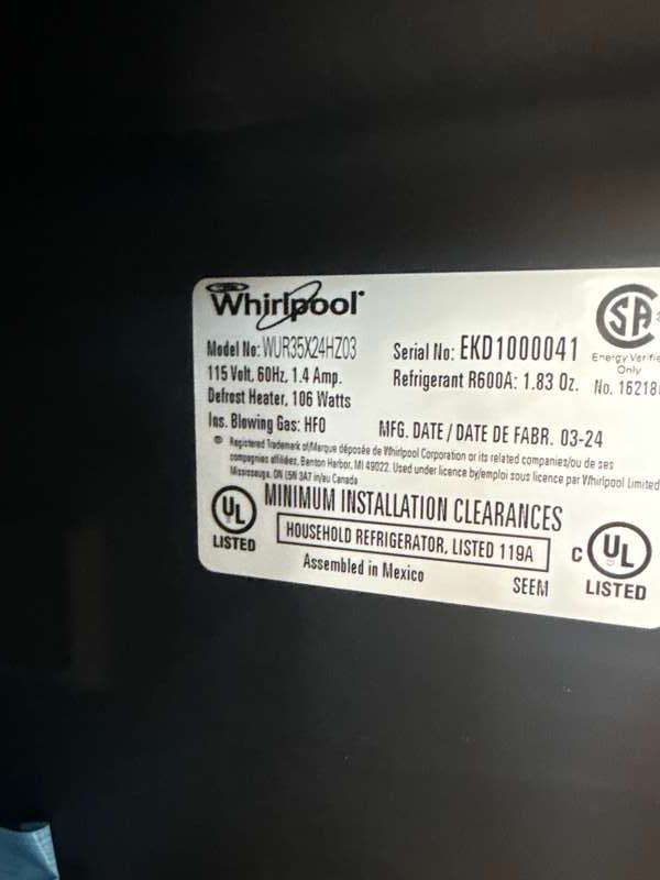 Whirlpool Built-In 24" 5.1 Cu. Ft Undercounter Refrigerator Stainless WUR35X24HZ - Assessment Photo 10