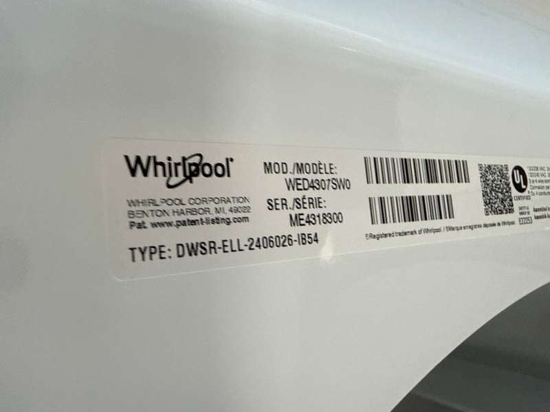 Whirlpool Electric Dryer w/ Adaptive Dry & Wrinkle Shield 7.0 Cu. Ft WED4307SW - Assessment Photo 10