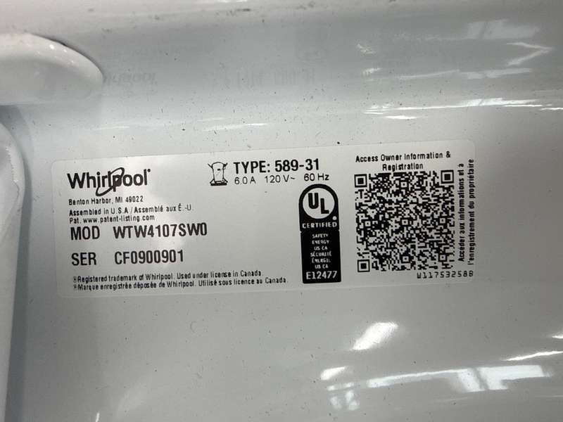 Whirlpool Top Load Washer w/ 2-in-1 Removable Agitator 4.3 Cu. Ft WTW4107SW - Assessment Photo 11