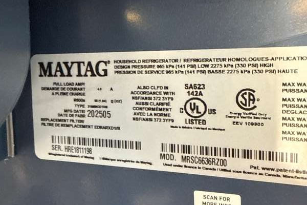 Maytag 36" Counter-Depth Side-by-Side Refrigerator 20.85 cu. ft MRSC6636RZ - Assessment Photo 11