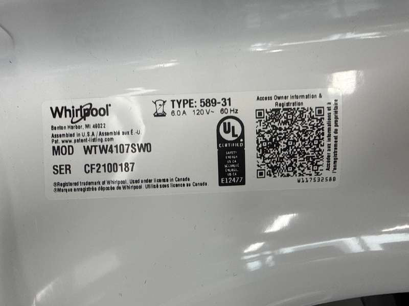 Whirlpool Top Load Washer w/ 2-in-1 Removable Agitator 4.3 Cu. Ft WTW4107SW - Assessment Photo 11