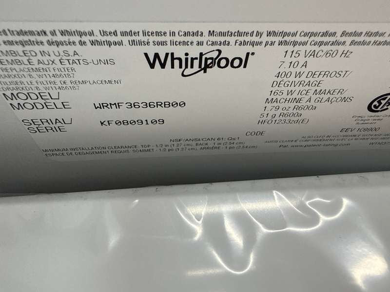 Whirlpool 36" French Door Refrigerator Black 25 cu. ft WRMF3636RB - Assessment Photo 12