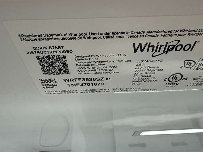 Whirlpool 36" French Door Refrigerator Ice maker 30 cu. ft WRFF3536SZ - Assessment Photo 12