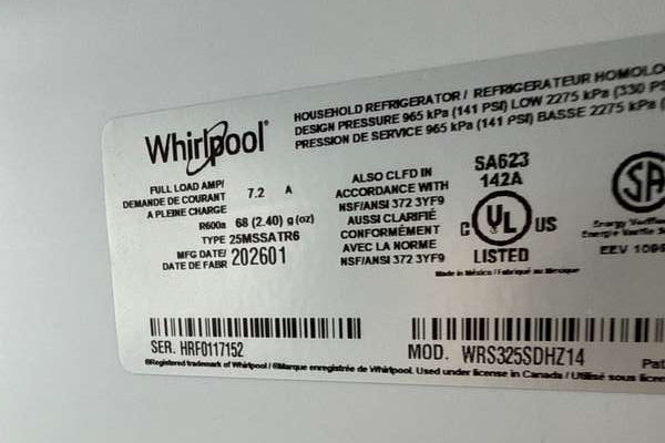 Whirlpool 36" Side-by-Side Refrigerator 25 cu. ft WRS325SDHZ - Assessment Photo 12
