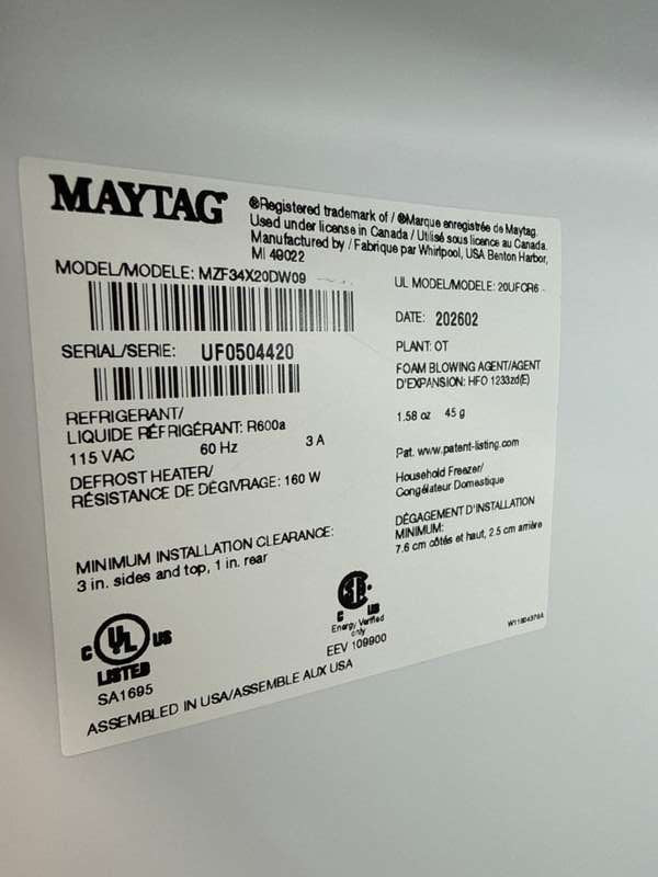 Maytag 33" Upright Freezer 20 Cu. Ft White MZF34X20DW - Assessment Photo 12