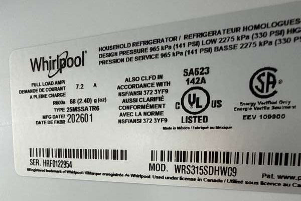 Whirlpool 36" Side-by-Side Refrigerator 24.2 cu. ft White WRS315SDHW - Assessment Photo 12