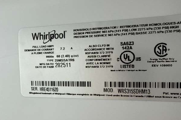 Whirlpool 36" Side-by-Side Refrigerator 24 cu. ft Stainless Steel WRS315SDHM - Assessment Photo 12