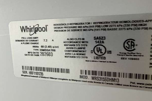Whirlpool 36" Side-by-Side Refrigerator 24 cu. ft Stainless Steel WRS315SDHM - Assessment Photo 12