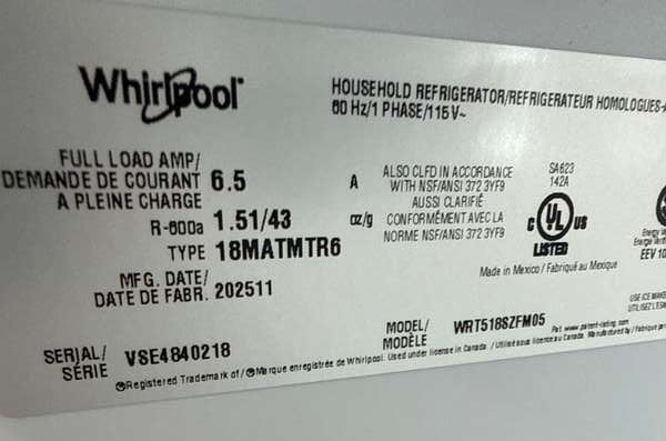 Whirlpool 28" Top Freezer Refrigerator 18 cu. ft Stainless Steel WRT518SZFM - Assessment Photo 13