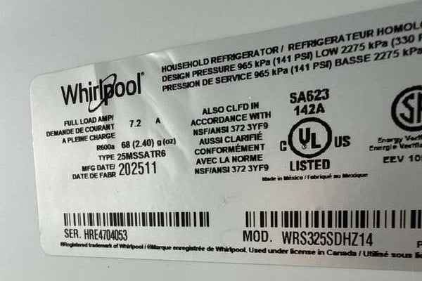 Whirlpool 36" Side-by-Side Refrigerator 25 cu. ft WRS325SDHZ - Assessment Photo 13