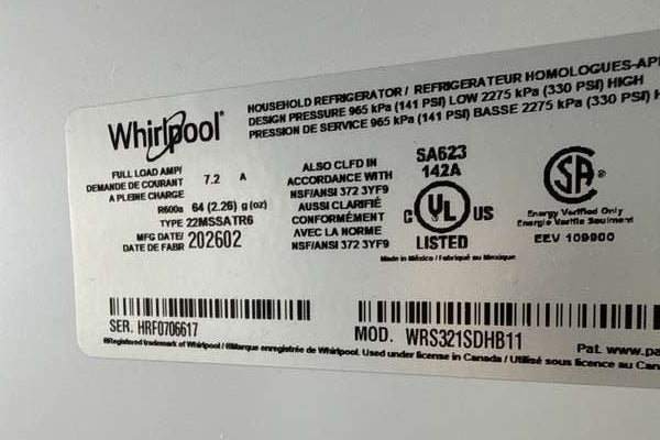 Whirlpool 33" Side-by-Side Refrigerator 21 cu. ft Black WRS321SDHB - Assessment Photo 13