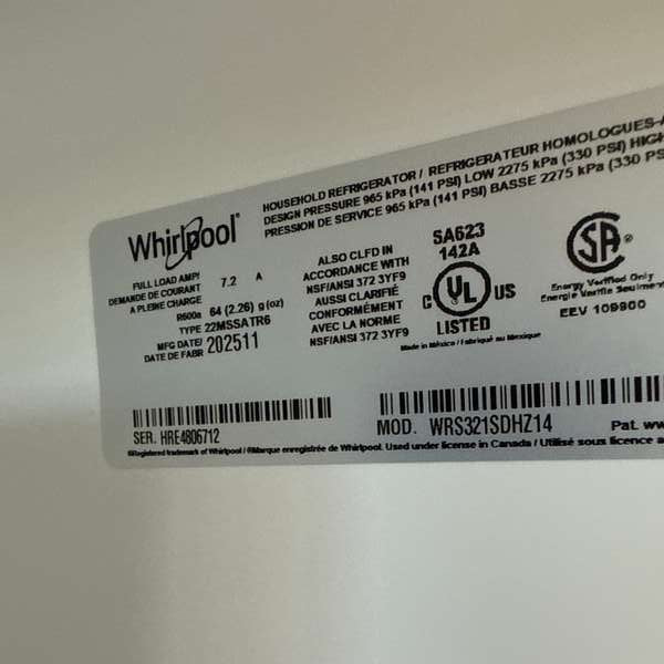 Whirlpool 33" Side-by-Side Refrigerator 21 cu. ft Stainless Steel WRS321SDHZ - Assessment Photo 13