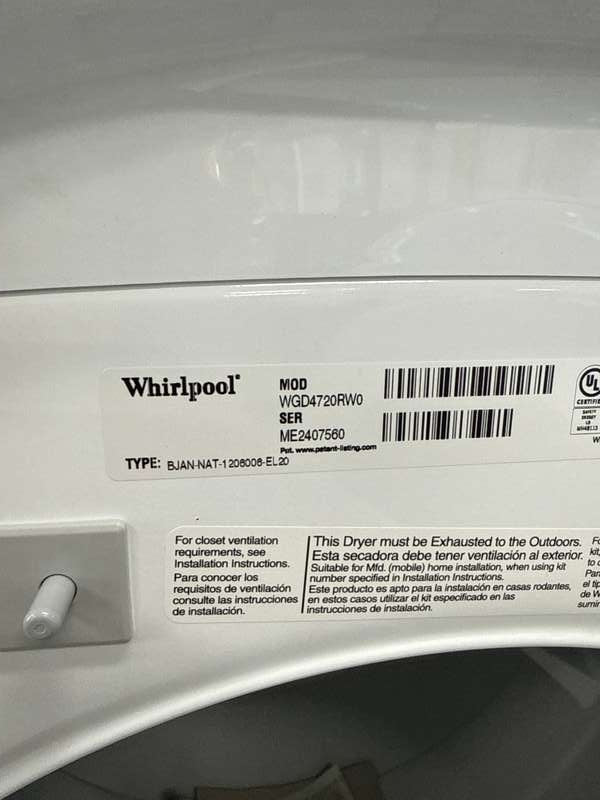 Whirlpool 7.4 Cu. Gas Dryer Ft w/ Steam in White WGD4720RW - Assessment Photo 13