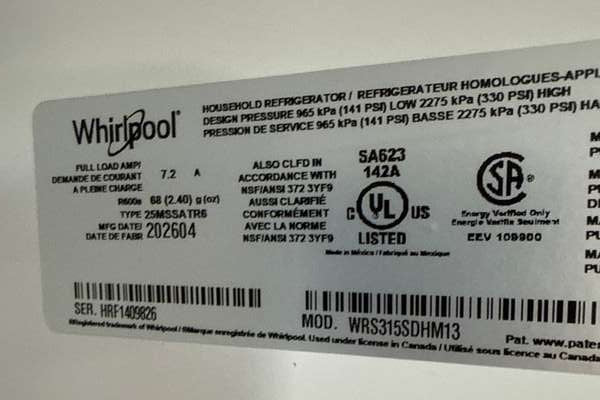 Whirlpool 36" Side-by-Side Refrigerator 24 cu. ft Stainless Steel WRS315SDHM - Assessment Photo 13